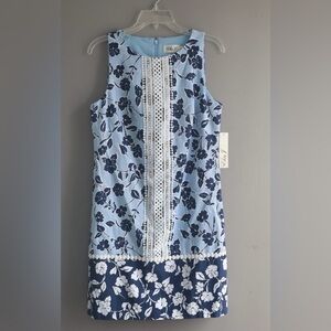 Eliza J Sz 8 Lace Trim Linen Blend Floral‎ Sleeveless Shift Minidress Nautical